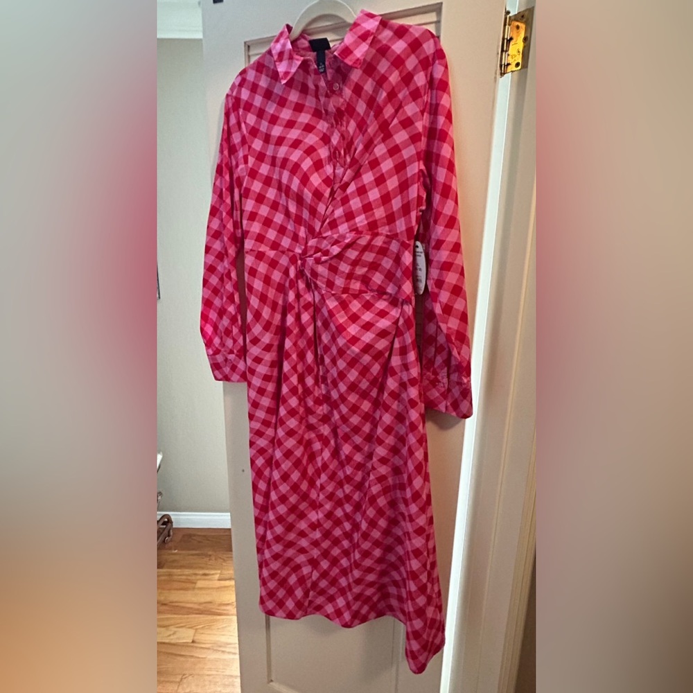 Red and Pink Checkered Long Sleeve Shirt Dress with collar midi length